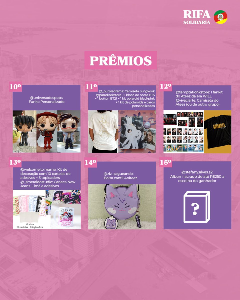 lojinha6789's tweet photo. RIFA SOLIDÁRIA!

+20 lojinhas e eu fizemos uma super rifa com 15 ganhadores e muitos prêmios! cada número é 5 reais e pode ser adquirido no link que vou deixar no tweet 👇👇 https://t.co/GPFigf37sJ