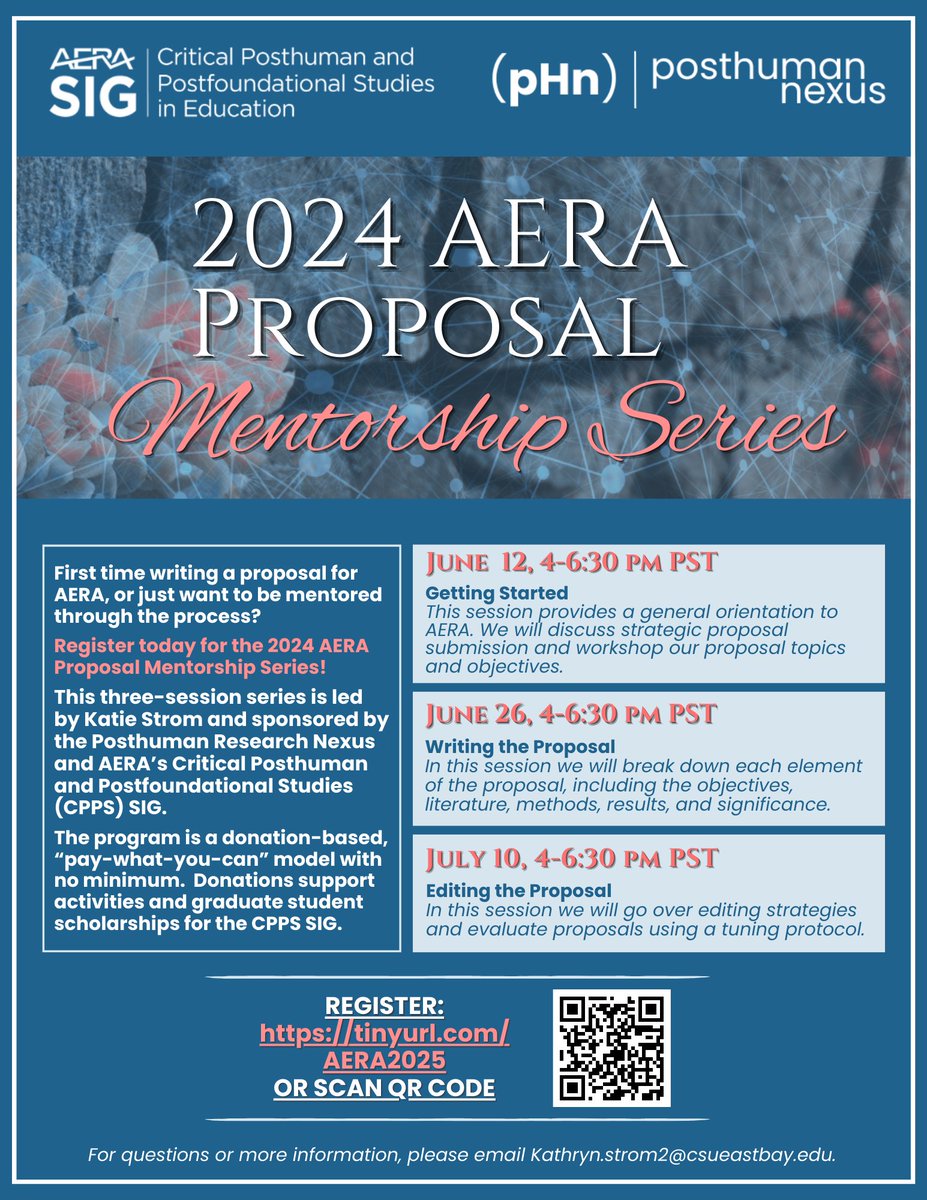 Join us for our 4th annual summer #AERA proposal writing mentorship series! It's hosted by the @posthumannexus and AERA CPPS SIG, but any proposal topic is welcome. Anyone looking for guidance on the proposal writing process is welcome!
 #AcademicResearch #AcWri #AcademicWriting