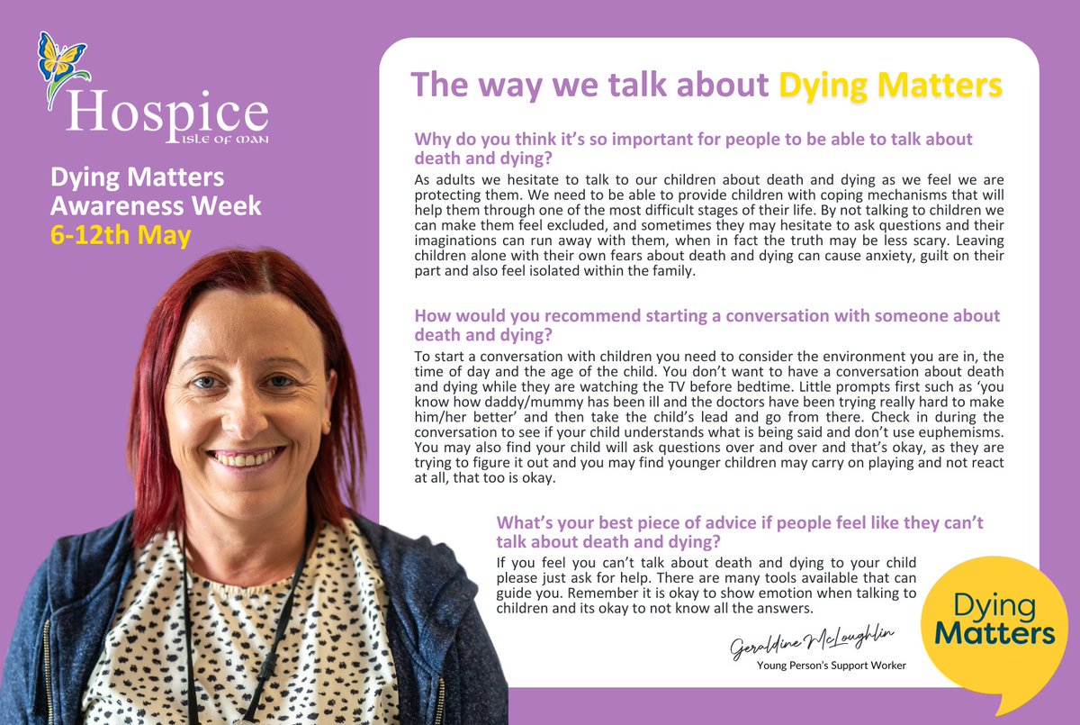 Geraldine is our Young Person’s Support Worker & has been with us since 2007. Her role involves offering pre & post bereavement support to children & young people. Here are Geraldine’s tips on how to deal with conversations that we may not want to have…💜💜 #DyingMatters2024