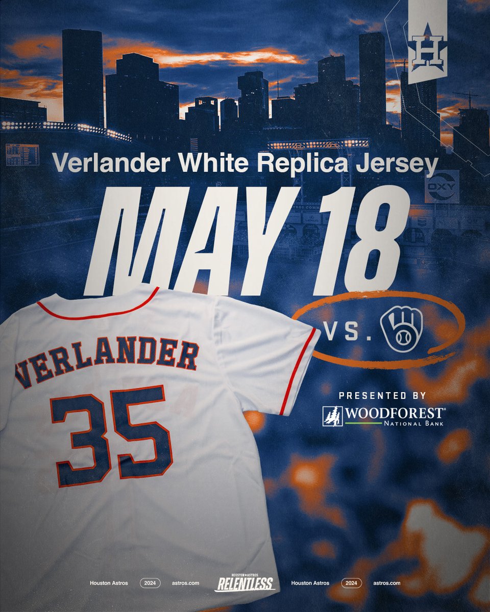JV Days > 10,000 fans in attendance on Saturday, May 18th will receive this Justin Verlander White Replica Jersey. Get your tickets now! Presented by @AskWoodforest. More info: astros.com/promotions