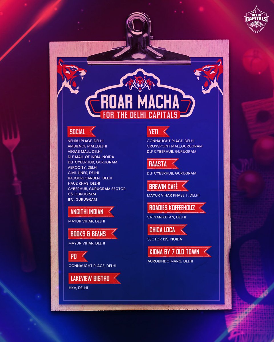 Matchday calls for #ROARMACHA from your favourite spots in Delhi 🤩

Head to your nearest spot and enjoy the #RCBvDC game with exclusive discounts ❤️