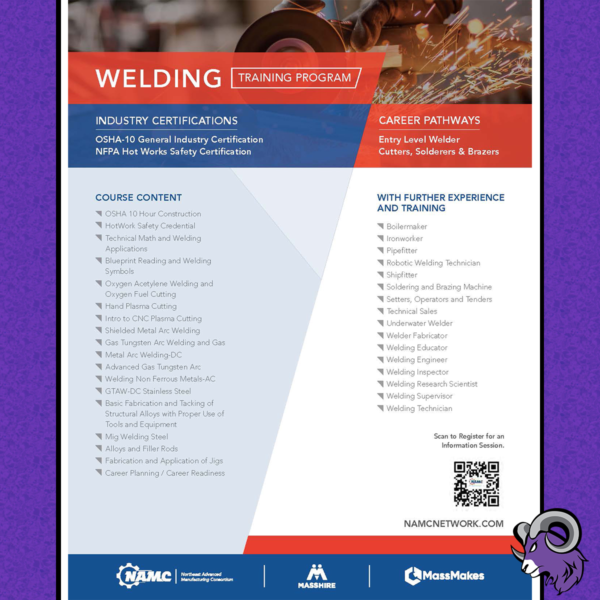 Shawsheen will host a no-cost 300-hour welding program this summer in partnership with the Northeast Advanced Manufacturing Consortium and MassHire. Scan the QR code to register for an information session. #WeAreShawsheen #ShawTechCTE