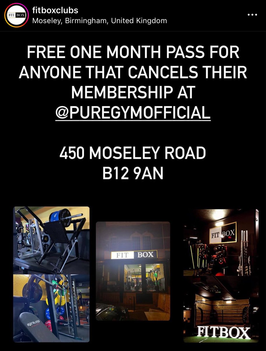 FREE ONE MONTH GYM MEMBERSHIP IN BIRMINGHAM.

If you made the moral choice to cancel @PureGym , then head down to FitBoxClubs for a free month.

It’s not only about telling people to leave a gym, but also providing them with an alternative.

So shoutout to Fit Box Clubs.