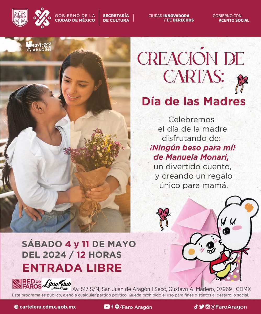 Con motivo del Día de las Madres, la @FaroAragon presentará el cuento '¡Ningún beso para mí!' de Manuela Monari. Además, se ofrecerá un taller para la elaboración de cartas que podrás regalar a mamá. Sábado 11 de mayo | 12 horas | #EntradaLibre Más información en la…