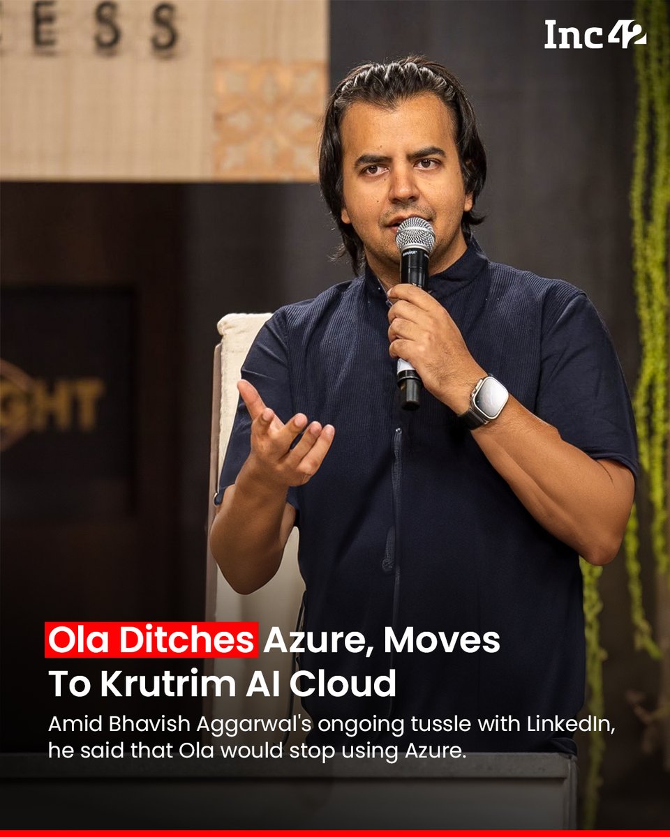 Bhavish Aggarwal, the founder of unicorn startups Ola Cabs, Ola Electric, and Krutrim AI, said that Ola would stop using Microsoft’s cloud computing platform Azure and migrate to Krutrim’s cloud 👇

The announcement came amid Aggarwal’s ongoing tussle with professional networking