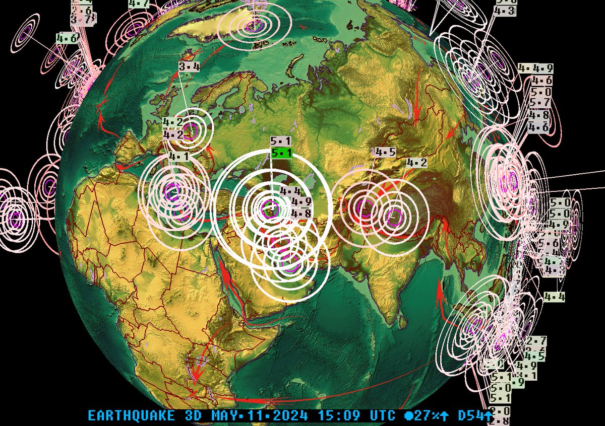 Heads up: Iran has been struck by a noteworthy M5.1 earthquake in the area which was warned yesterday! (marked in green) geofon.gfz-potsdam.de/eqinfo/event.p… Yesterday , the area was warned for a new M5.0+ to strike this exact spot. As I explain on the stream yesterday, this was the…