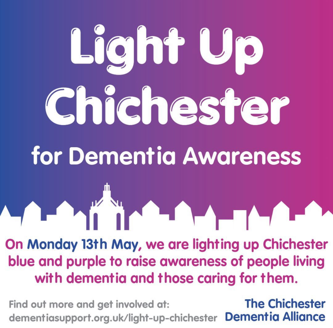 Chichester, are you ready to turn blue and purple? On the evening of Monday 13th May at 8pm, several building's around the city will #lightup in support of #DementiaActionWeek and the 17,500 people affected by #Dementia in West Sussex.