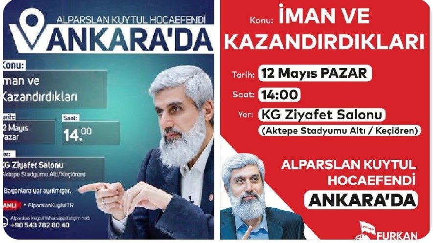 ANKARA EMNİYETİ ALPARSLAN KUYTUL HOCAEFENDİ'NİN YARINKİ KONFERANSINI YİNE SON ANDA İPTAL ETMİŞ.
Elbet devir dönecek,sabırla bekliyoruz
Dereydik nehir olduk, güçlenerek büyüdük 
Set çekseniz önümüze göl oluruz.
ANKARA EMNİYETİNİ KINIYORUM.