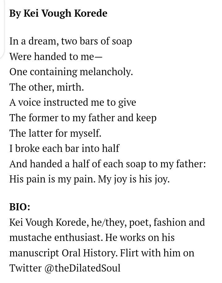 Critiq Line break: 'in a dream, two bars of soap' is the most perfect way I feel that line could have broken. It instantly introduces the poem with such arresting image. From the first line, I discover I'm hooked. 'A voice instructed me to give' is another crazy enjambment...