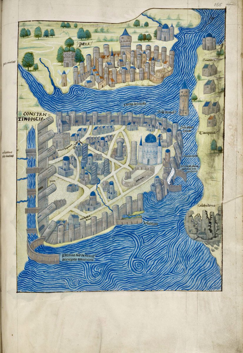 Constantinople showing, among other things, Hagia Sophia, the Hippodrome, and the Imperial Palace. BL MS Arundel 93; Christoforo Buondelmonti, Liber insularum archipelagi; 15th century; Ghent or Bruges; f.155r @BLMedieval