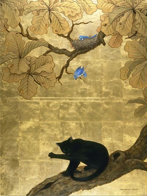 #Art #CatsofTwittter 
Murasama Kudo
Black cat and blue birds