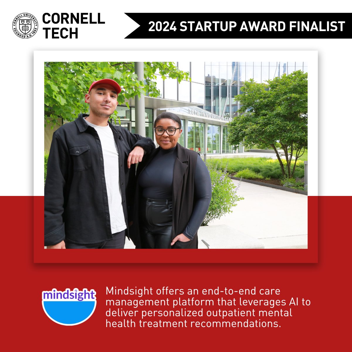 Announcing startup company Mindsight as a finalist in the 2024 #StartupAwards competition on May 17 at #CornellTech’s #OpenStudio! Mindsight offers end-to-end care management that utilizes AI to deliver personalized mental health treatment recommendations. bit.ly/3U5VXmH