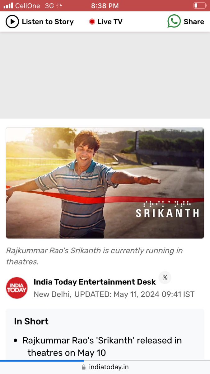 Srikanth - Fantastic movie I would say which is a must watch ! Loved it 🫶💕🫶
#SrikanthMovie 
#RajkumarRao
#AlayaF
#JyotikaSadanah
 #SharadKelkar