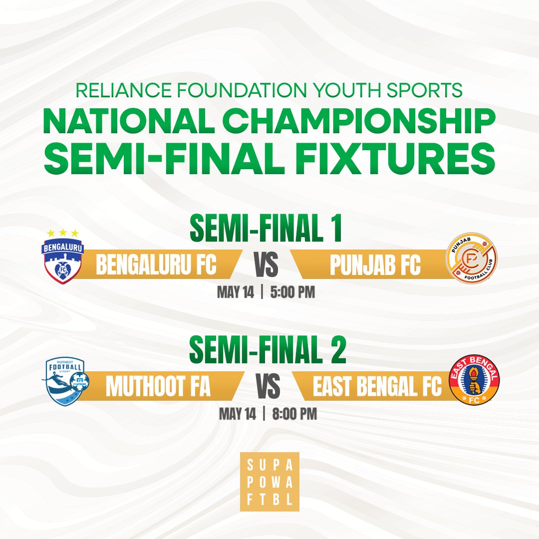 The stage is all set! 🏆⚽

Brace yourselves as the Reliance Foundation Youth Sports National Championship enters the SEMI-FINALS! 🙌🔥

#RFYS #RelianceFoundation #IndianFootball #GrassrootFootball #SemiFinal #NationalChampionship #Youthsports #BFC #PFC #MuthootFA #EBFC