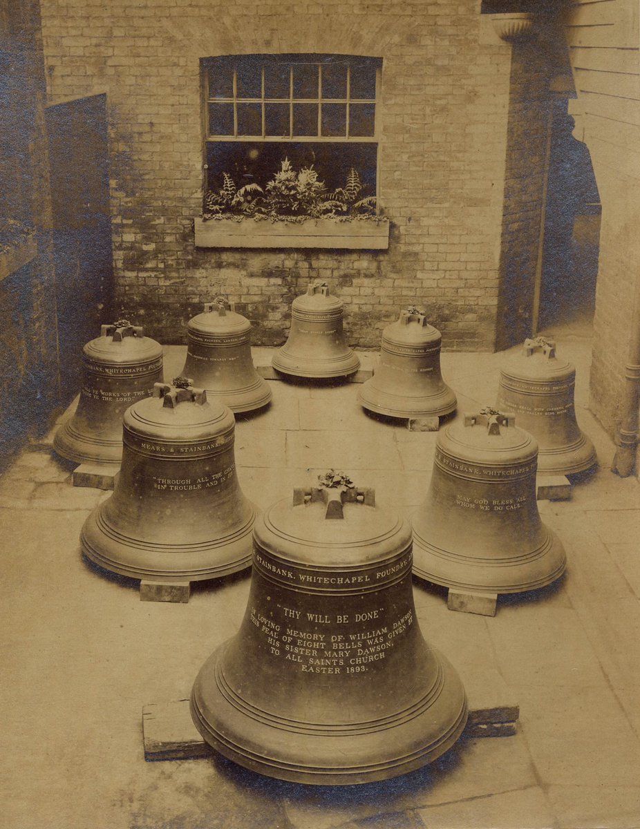 Eight bells manufactured for All Saints Church, at Rothbury in Northumberland & photographed at Mears & Stainbank, Whitechapel Foundry, London in 1893.