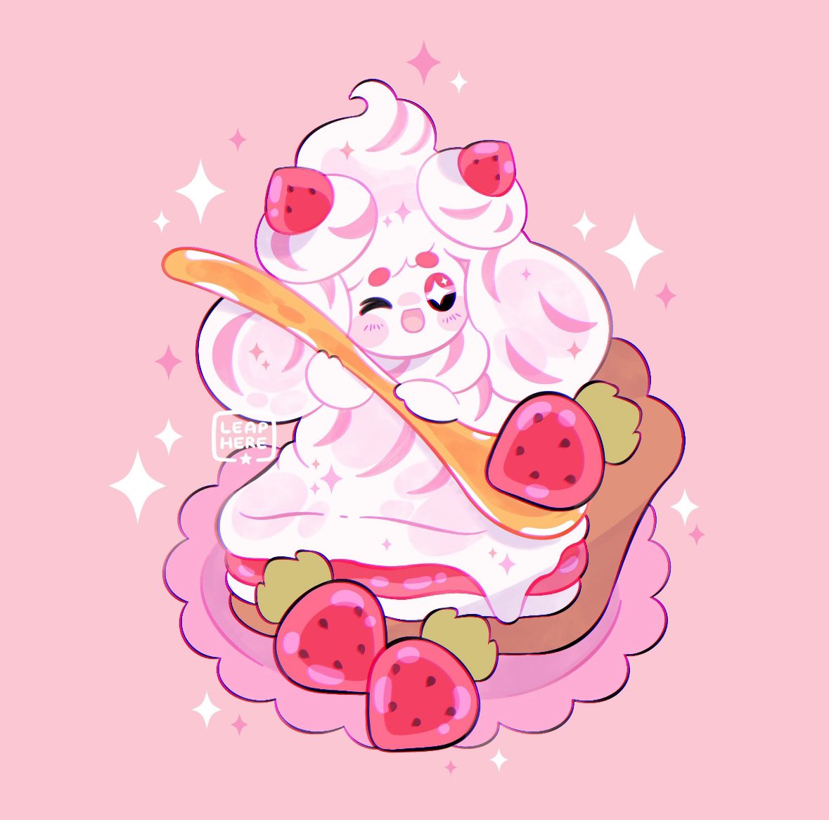 alcremie solo blush smile open mouth simple background holding food  illustration images