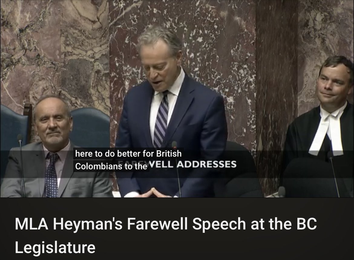.@GeorgeHeyman gave a powerful farewell speech in the Legislature this week. As an MLA & Cabinet Minister, George has made a huge impact in #Fairview, #LittleMountain and across BC, through local actions, #CleanBC, #UNDRIP & much more. WATCH HERE: youtube.com/watch?v=CKlKvk…