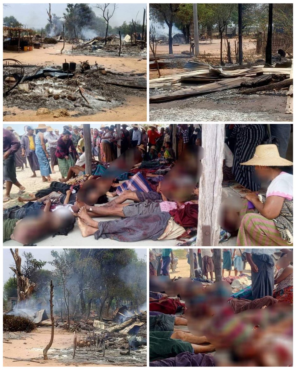 At #Sagaing Division,in Myinmu Township,Local sources told MFP that the military group raided LetThoatTaw village this morning, & massacred 32 villagers - Aged between 15 and 70,including a Woman who was fleeing the war in the village monastery.
Today, May 11th,around 5:00 Am.,👇