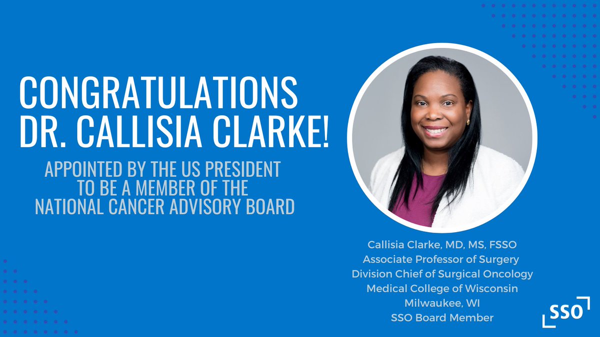 Society of Surgical Oncology (@socsurgonc) on Twitter photo Congratulations to <a href="/DrCNClarke/">Callisia Clarke MD</a> for being appointed by <a href="/POTUS/">President Donald J. Trump</a> to be a Member of the National Cancer Advisory Board. This important role assists the Director of the National Cancer Institute in setting the course for the national cancer research program.
ow.ly/oqb050RCoSL Congratulations to <a href="/DrCNClarke/">Callisia Clarke MD</a> for being appointed by <a href="/POTUS/">President Donald J. Trump</a> to be a Member of the National Cancer Advisory Board. This important role assists the Director of the National Cancer Institute in setting the course for the national cancer research program.
ow.ly/oqb050RCoSL