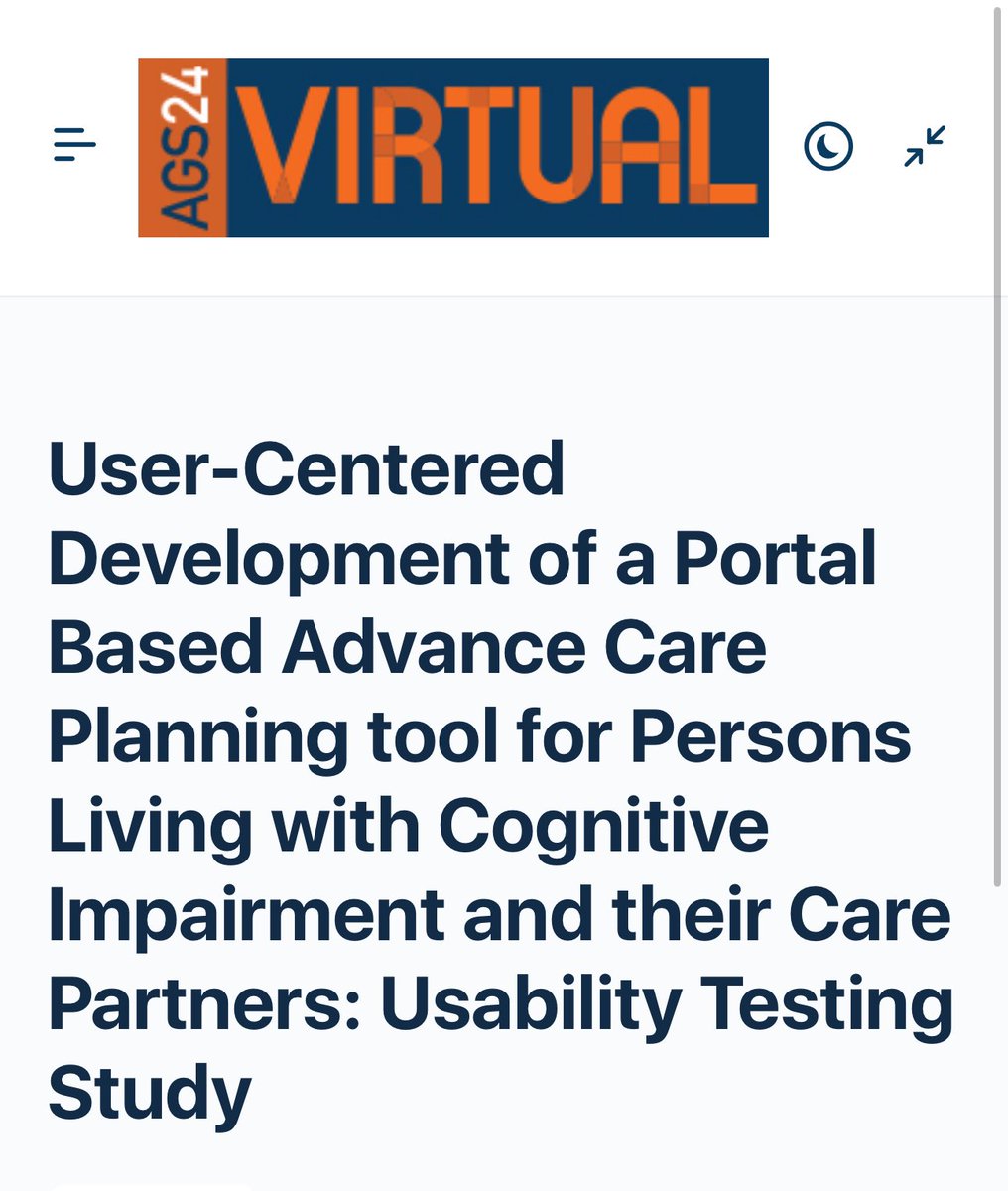 Thank you to all who attended our oral presentation on 'User-Centered Development of a Portal Based Advance Care Planning tool for Persons Living with Cognitive Impairment and their Care Partners: Usability Testing Study' at #AGS24 #shareddecisionmaking
