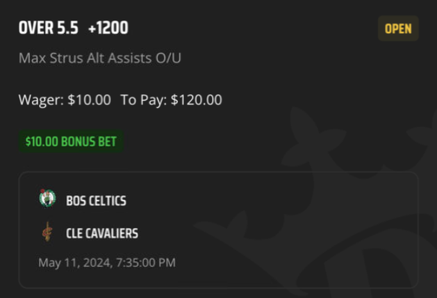 EdgePlayBook's tweet photo. #BetInPublic #SteadyEdge we have a $10 free bet on #DraftKings thank to yesterday lost #NBAPlayoffs2024 SGPx. We place our trust on #MaxStruss to make over 5.5 Assists. Fair odd for this play is +1000, giving almost 110% conversion rate #GamblingX #EVBetting #CelticsCavs