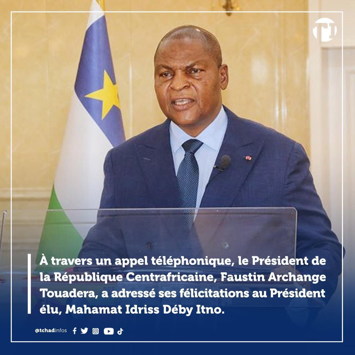 Le Président de la République Centrafricaine 🇨🇫 , Faustin Archange Touadera, a adressé ses félicitations au Président élu, Mahamat Idriss Déby Itno à travers un appel téléphonique 📞 .#Tchad #RCA