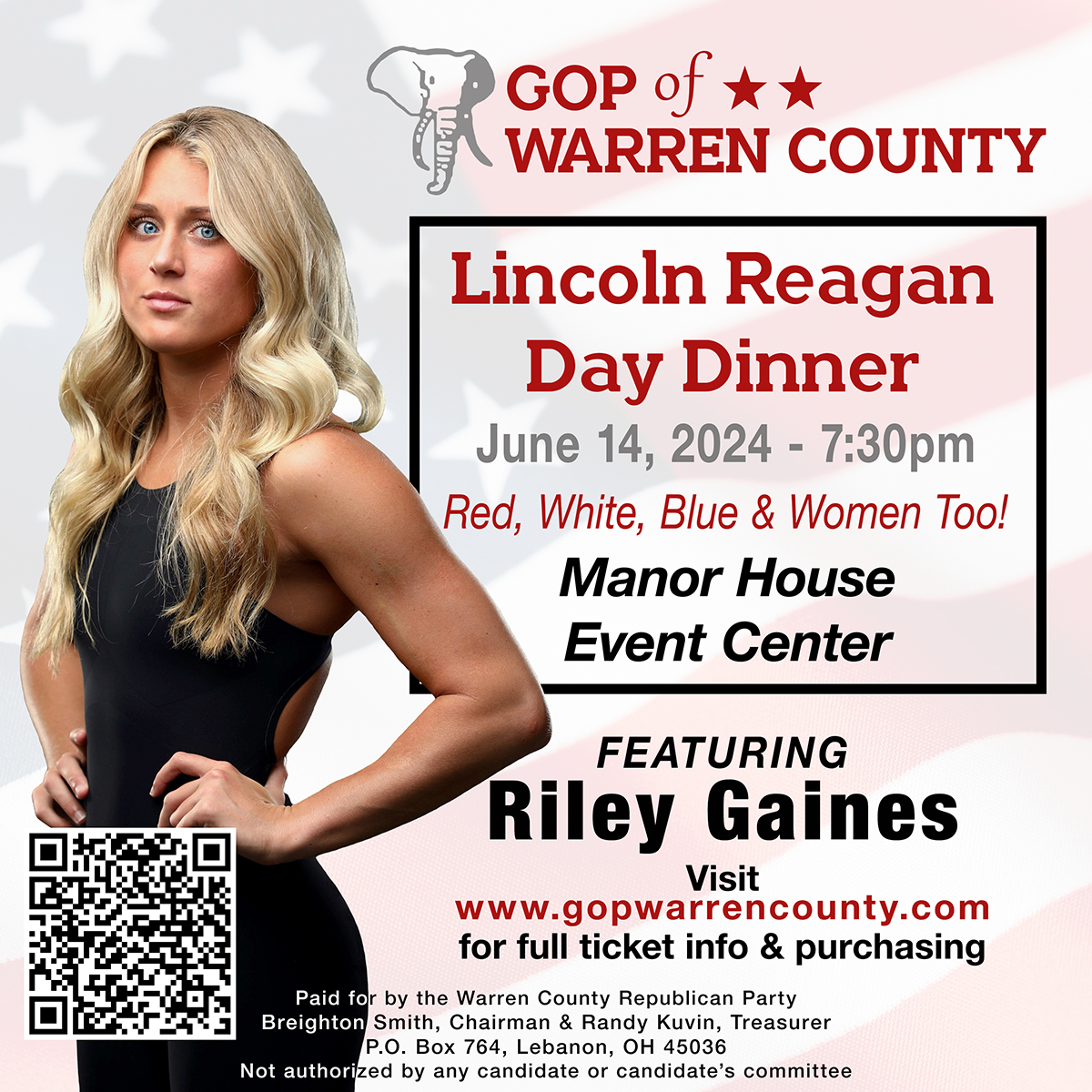 Join us on Flag Day, Friday, June 14th for the #WarrenCountyOhio #Republican Party's Lincoln Reagan Day Dinner...featuring @Riley_Gaines_!

'Red, White, Blue & Women Too!'

Follow the link to buy your tickets...

secure.anedot.com/warren-county-…

#FlagDay
#RileyGaines
#Conservative