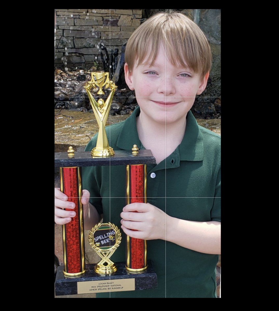 SpellPundit's tweet image. Logan Bailey, a 4th grader from Houston, TX proudly holding his runner-up trophy from the 2024 SpellPundit National junior spelling bee competition!