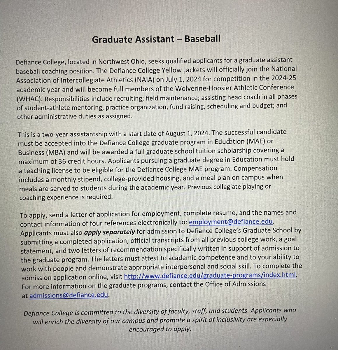 Our program is looking for a grad assistant! Looking for someone who is motivated and energetic! @NAIABall @SkippersDugout @ABCA1945 @TheCoachJournal