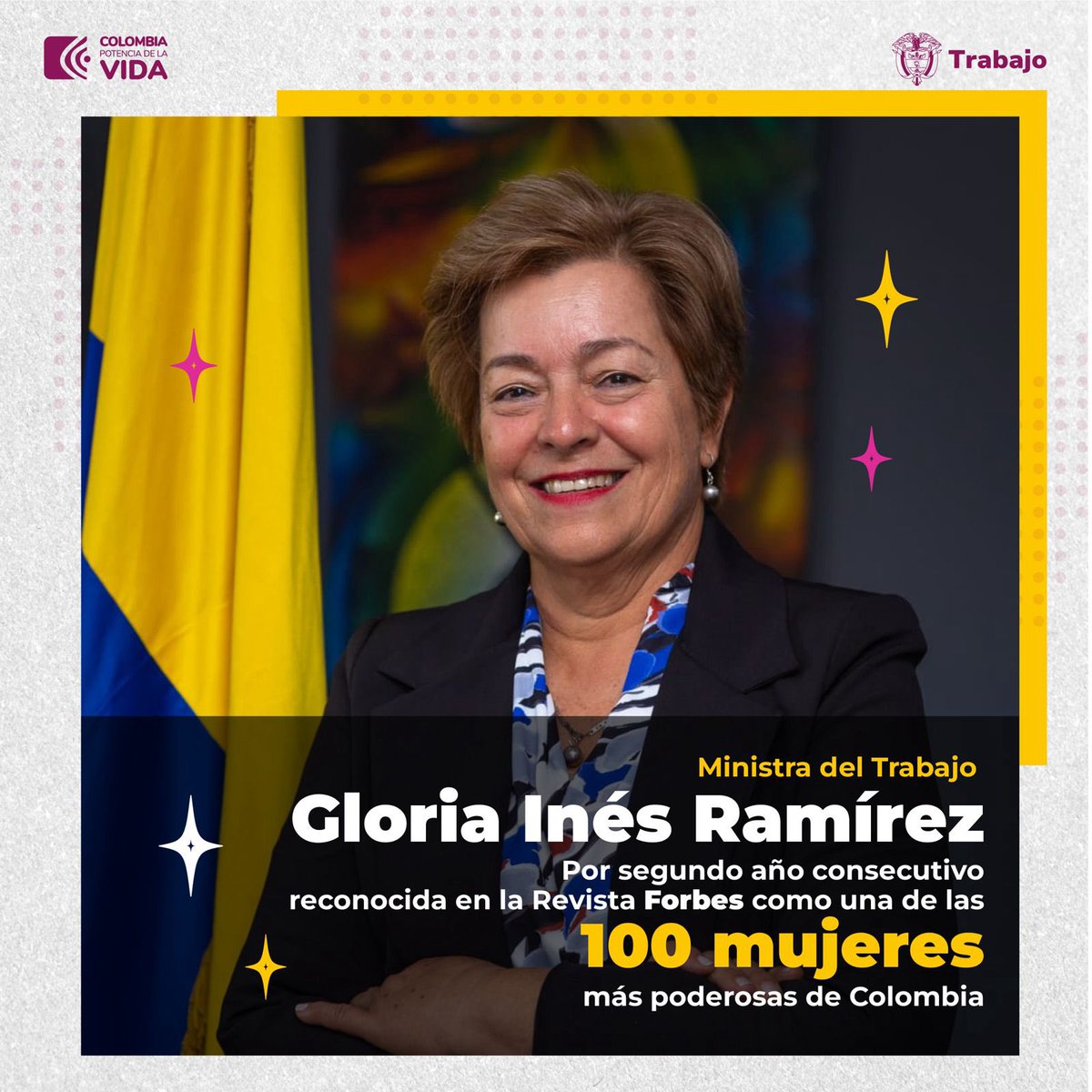 🎉Por segundo año consecutivo la ministra del Trabajo @GloriaRamirezRi es reconocida como una de las 100 mujeres más poderosas de Colombia, destacando su labor en la defensa de los derechos humanos y la búsqueda de consensos. ¡Felicitaciones! 👏🏽👏🏽👏🏽👏🏽