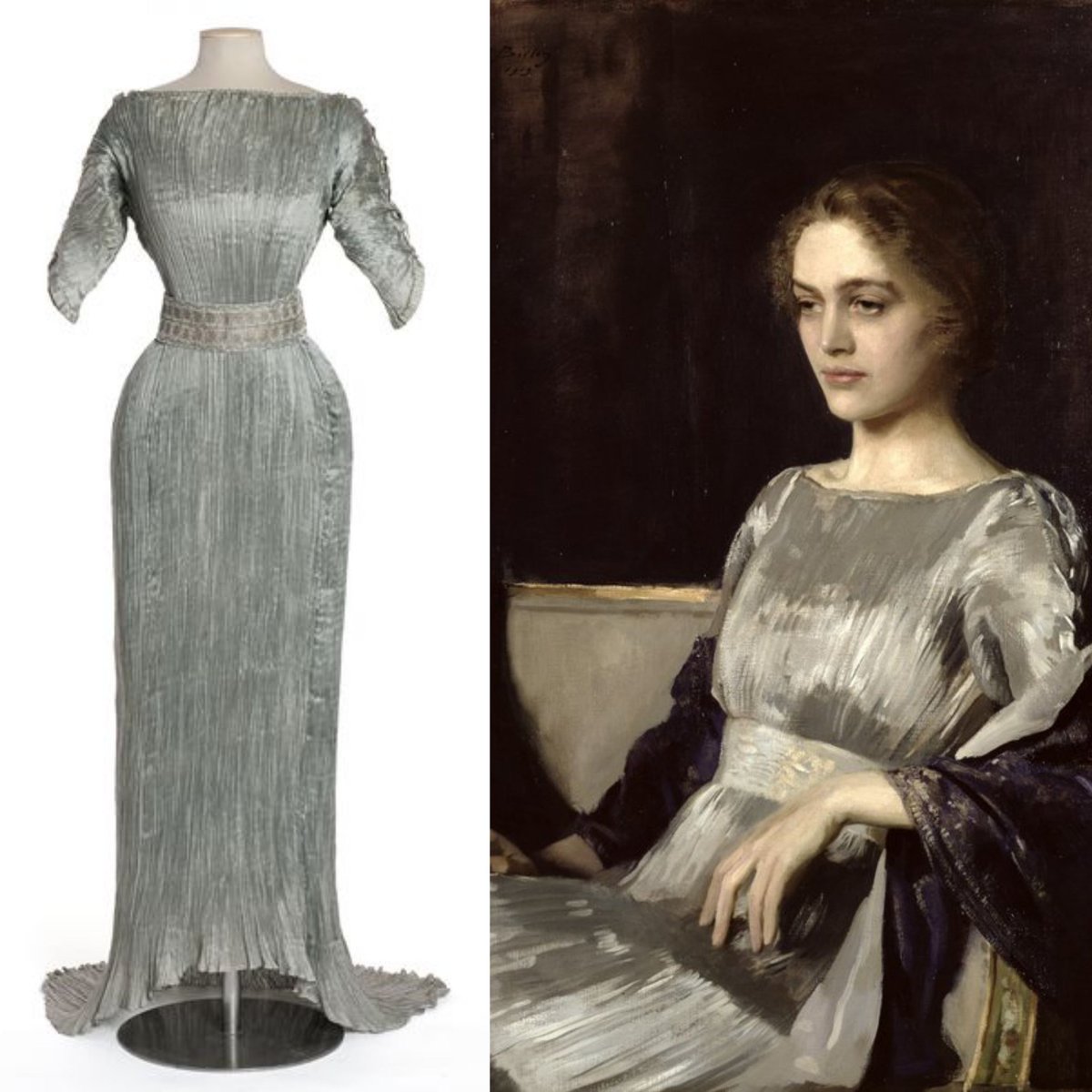 Spanish fashion designer Mariano Fortuny was born #OnThisDay in 1871. Miss Muriel Gore chose to be painted by Oswald Birley in 1919 wearing a silver Fortuny dress that is very similar in style to this satin Robe du soir from the collection of @madparisfr. #fashionhistory #dress