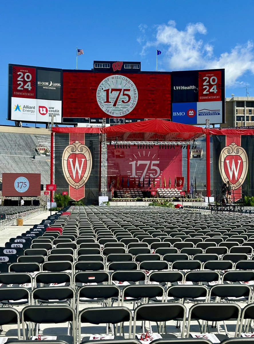 It’s a crisp, sunny, picture perfect day for our 171st Commencement! The stage is set and we’re ready to welcome our #UWGrad Class of 2024 & their guests at Camp Randall. #UW175 🦡🎓🎉