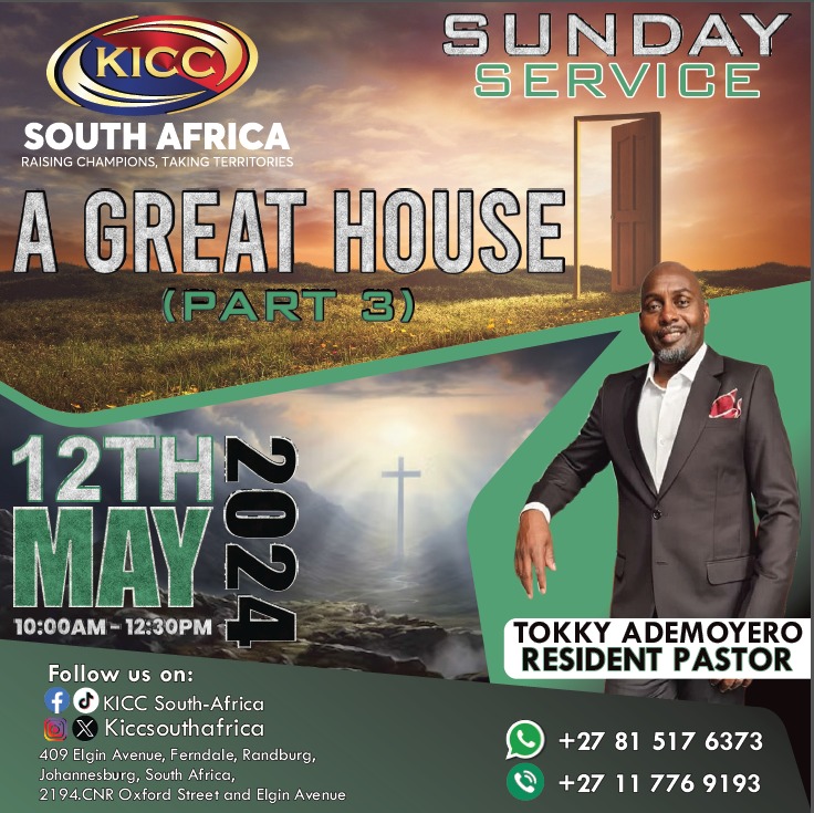 Don't stay at home, come to KICC SOUTH AFRICA, the great house of God. No doubt, you will be blessed. 

We look forward to seeing you there.
#sundayservice 
#sundaysermon 
#TokkyAdemoyero 
#KICCSouthAfrica 
#sermon