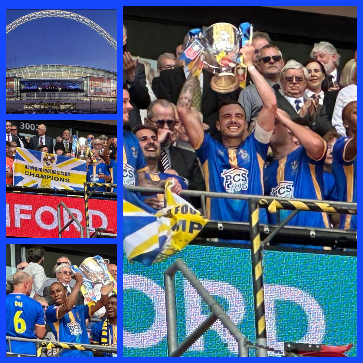 Huge congratulations to FA Vase Cup winners @RomfordFC at Wembley Stadium, proudly sporting our logo 🏟⚽️🎉 #Sponsorship #PCSLegal #Wembley