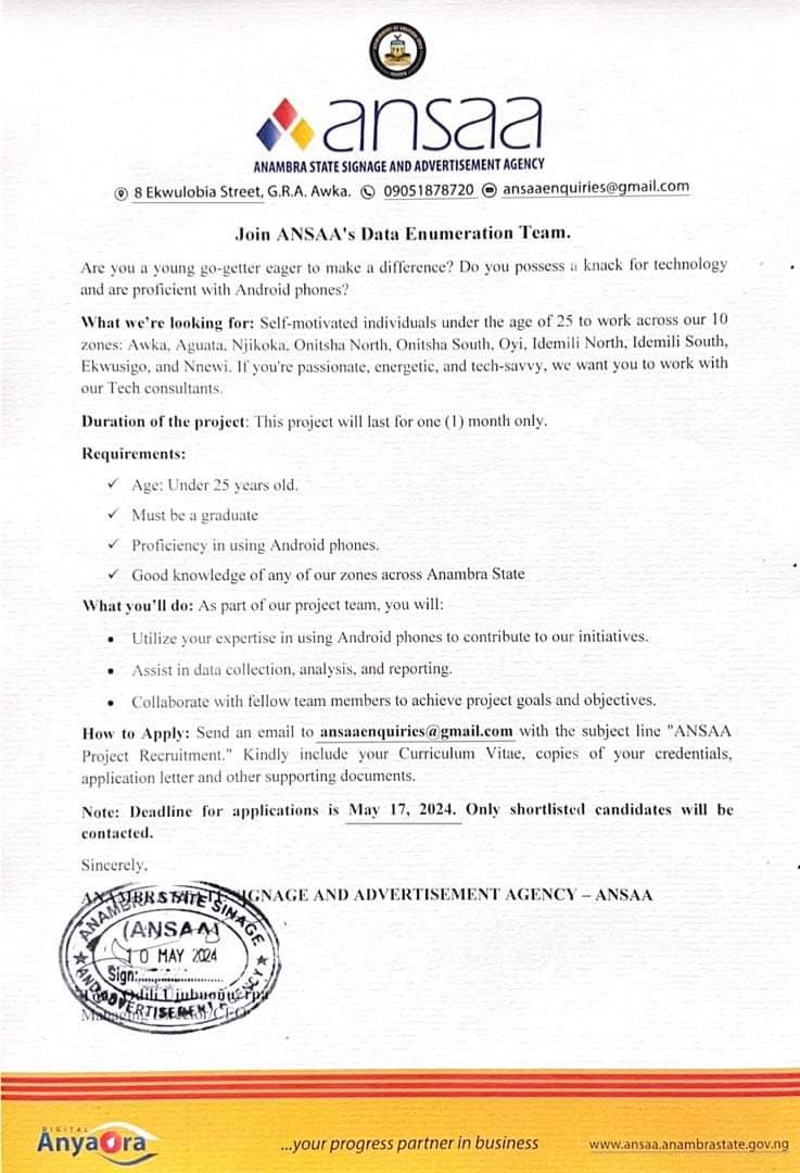 ♦️JOB ADVERTISEMENT ♦️

©️ Anambra State Signage & Advertisement Agency - ANSAA

Please follow our Digital Anya-Ora page

#DigitalAnyaora 
#anambraoutofhomeadvertisingroundtable   
#ANSAA
#jobopportunities 
#jobopportunity 
#signage 
#jobseekers
