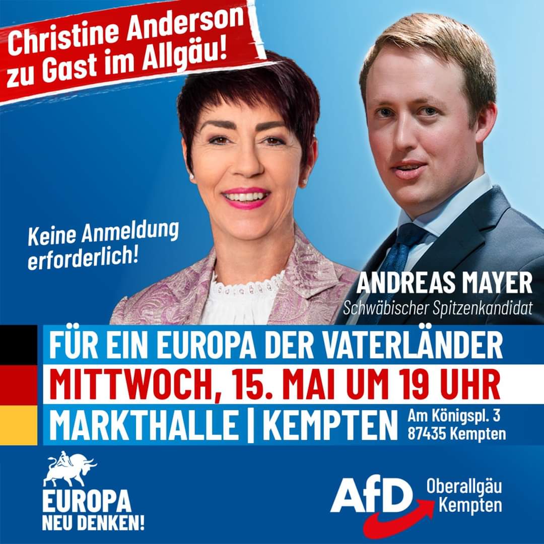 Kommenden Mittwoch! @AndersonAfDMdEP bei uns im #Allgäu. Thema: 'Mehr Transparenz in der EU'. Natürlich wird es auch darum gehen wie wir in Brüssel + Straßburg für ein Europa der #Freiheit und der souveränen #Vaterländer kämpfen. #DeshalbAfD
