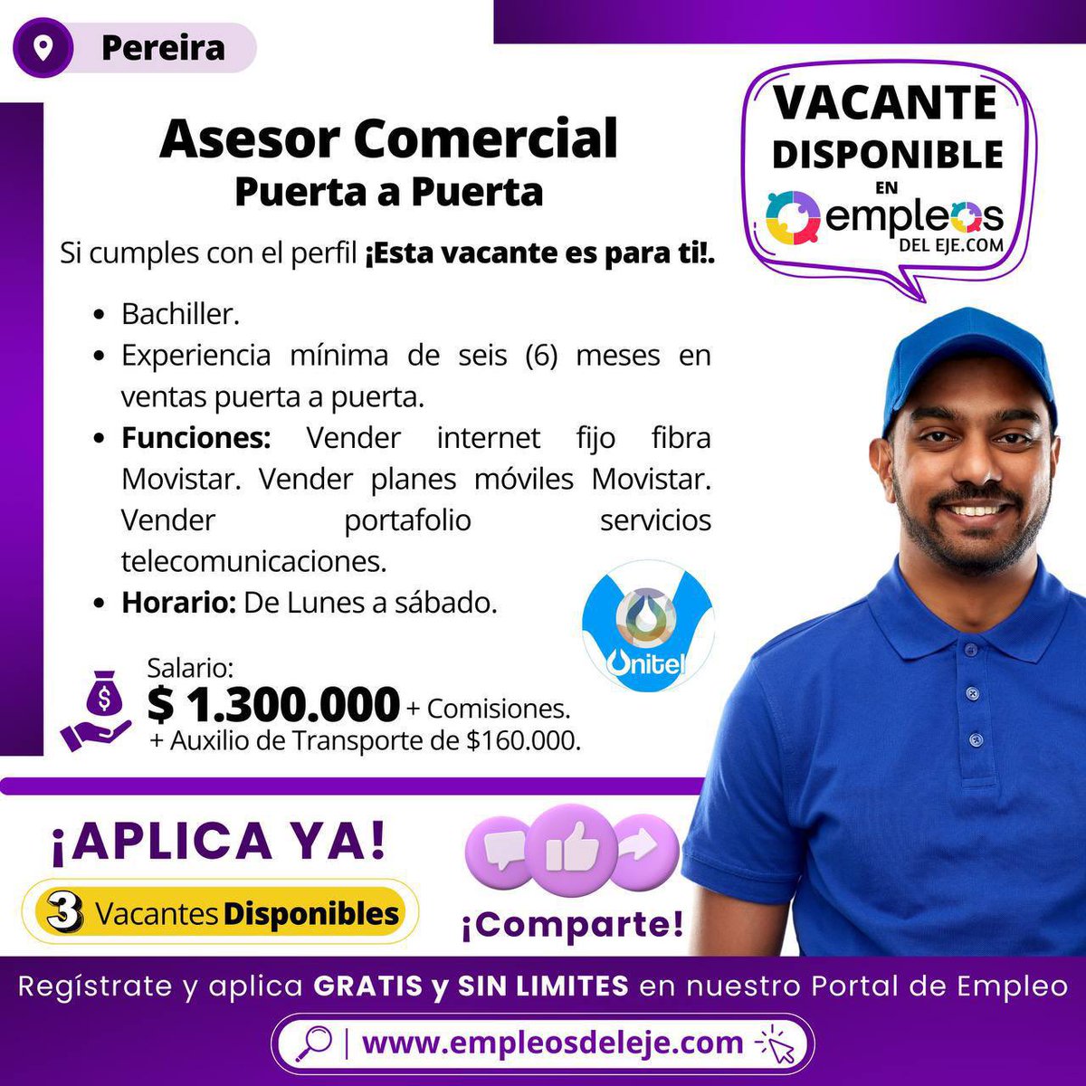 🙋🏻‍♀️🙋🏻‍♂️ASESOR COMERCIAL PUERTA A PUERTA 
📍Pereira, Rda.
Para mas información sobre esta oferta, Ingresa al enlace.⁣ Aplica ahora mismo😃😃😃❗❗❗
👇🏻👇🏻 
empleosdeleje.com/oferta-de-trab…
.
.
#empleosdeleje 
#buscoempleo
#Trabajosihay