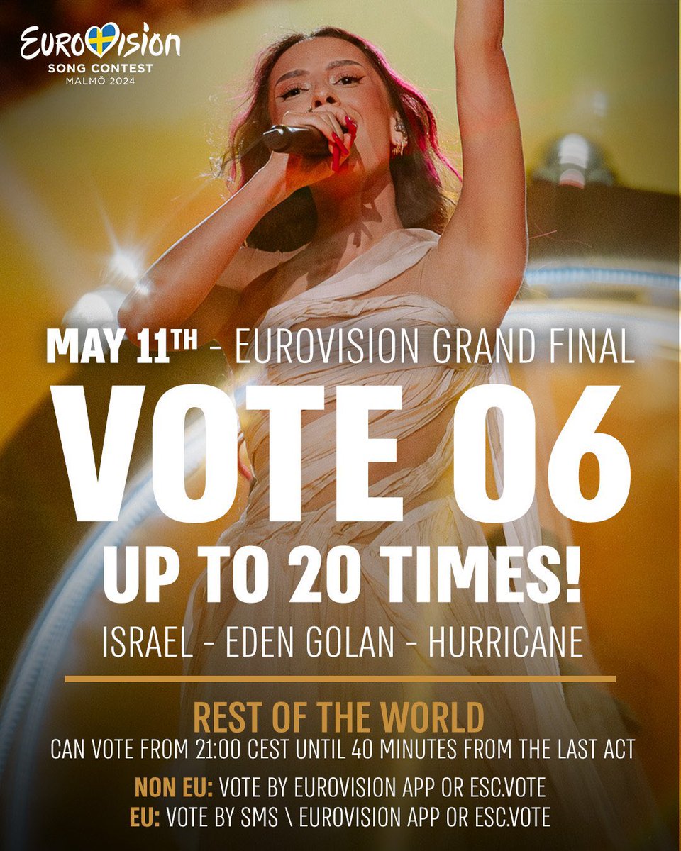 Stop whatever you're doing and vote for Eden Golan who will perform at the @Eurovision finals tonight! Non-participating countries can vote here: 🇮🇱💙 esc.vote