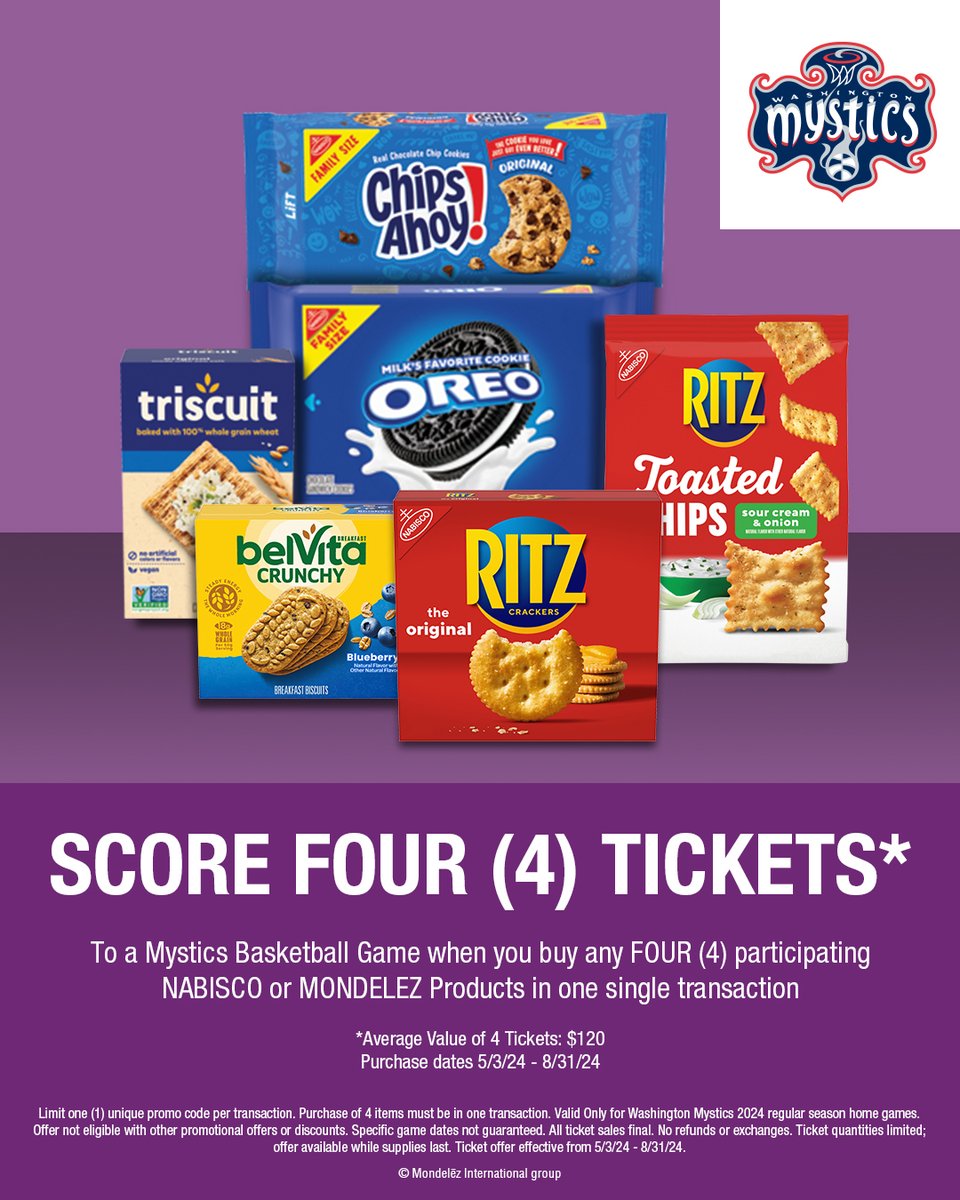 Score 4 tickets to a game when you buy 4 participating @Nabisco products at @GiantFood this summer! 🛒 🔗 on.nba.com/3USYano