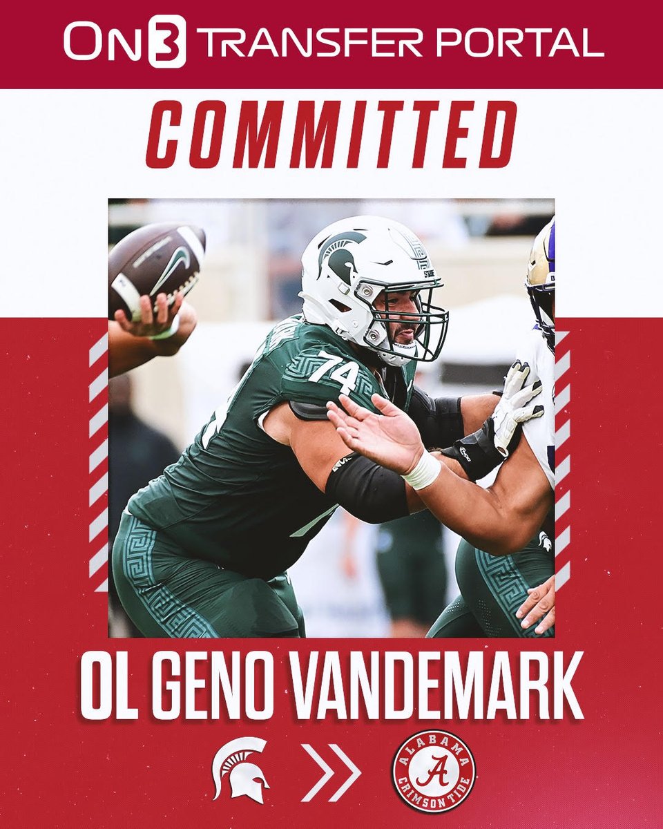 BREAKING: Former Michigan State Interior OL Geno VanDeMark has committed to Alabama. A reunion for VanDeMark as he was previously coached/recruited by Tide OL coach Chris Kapilovic! More on the new addition: 🗞️shorturl.at/kmOUV #RollTide