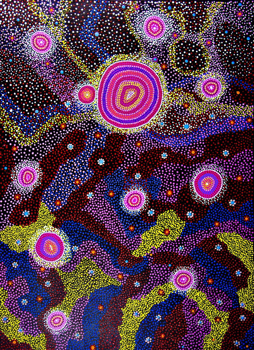 From the 'Shared Sky' exhibition, 'Jupiter and Ten Moons' by Indigenous Australian artist Barbara Merritt #WomensArt