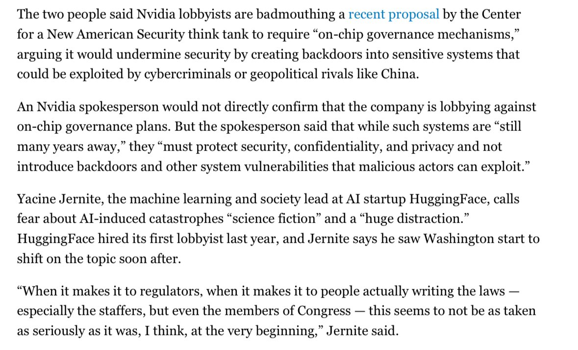 Some really eye opening stuff on how IBM, Meta, Nvidia and HuggingFace are lobbying against AI regulation. They’re spending millions and have dozens of full-time lobbyists desperately trying to avoid government oversight of their work.