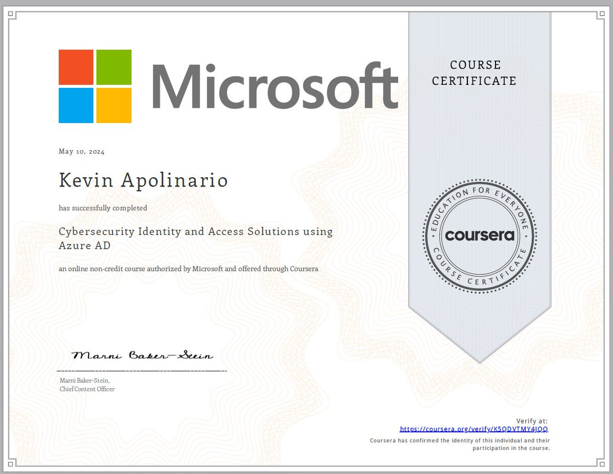 Another module down, 5 more to go.

I appreciate Coursera making this course. Learned about implementing Azure AD, Azure Active Directory, Azure pricing and various services. 

#itsupport #itsupportspecialist #helpdesk #servicedesk #cybersecurity #cybersec #careers #systemadmin