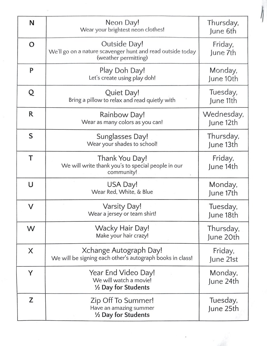 Superstar families! Our ABC End of Year Countdown begins this coming Thursday! Here’s a schedule to keep handy!