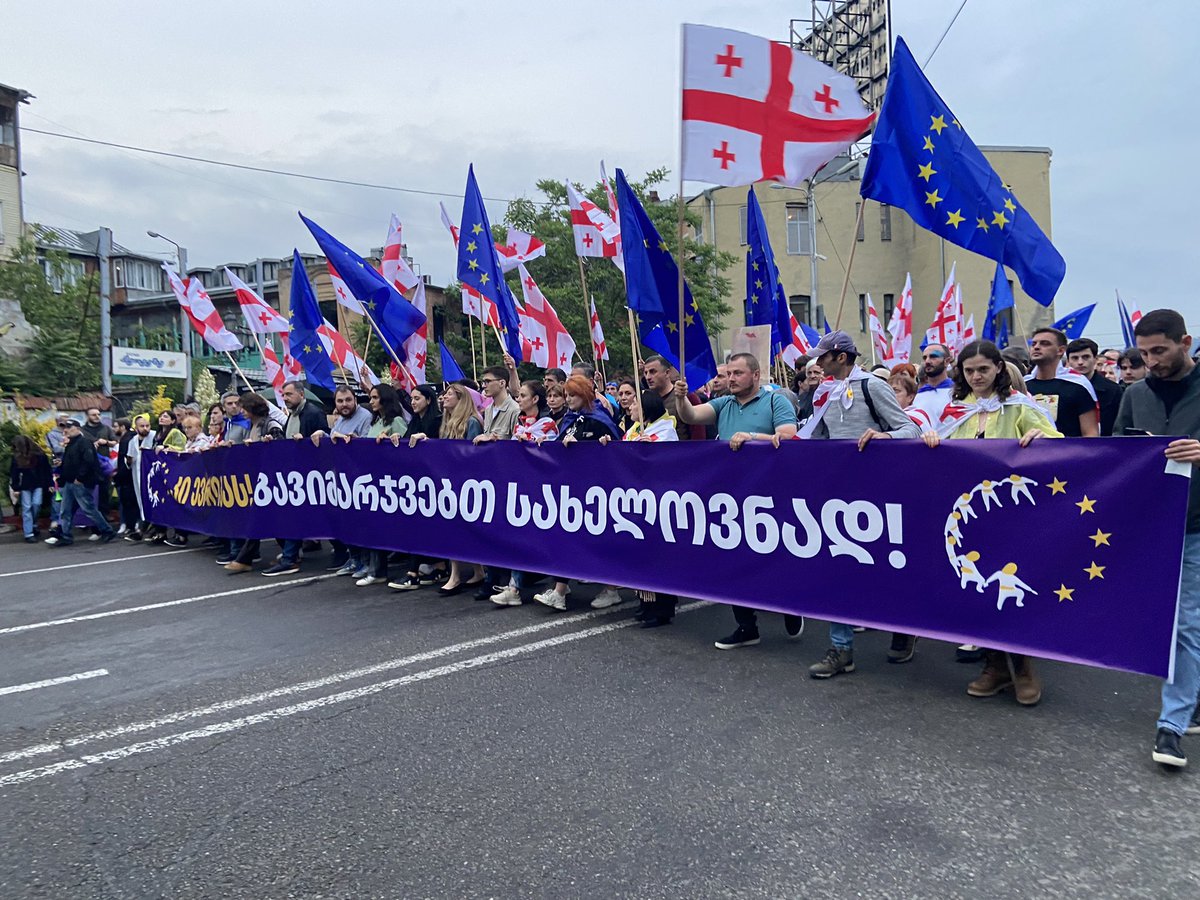 'Yes to Europe!' 'We shall be valiantly victorious!' - a historical phrase by the 1921 Russian annexation heroine Maro Makashvili. March towards the Europe Square from various locations. #NoToRussianLaw #GeorgiaProtests