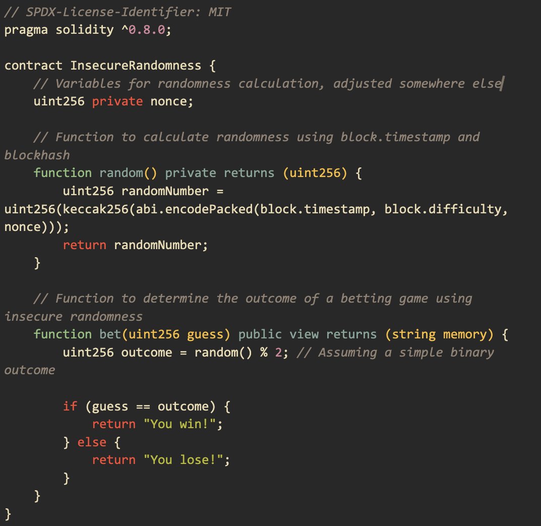 0xCharlesWang's tweet image. Insecure randomness Explained

Generating random numbers has found various applications in the Web3 space. For example, a gaming, gambling/bet DApp finds this useful in determining pool winners. However, doing this can create an in-way for attacks.

Insecure randomness refers to…