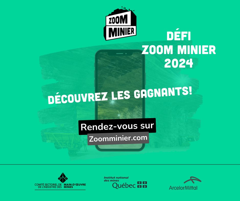 CSMO Mines (@csmominesqc) on Twitter photo Le CSMO Mines et l’Institut national des mines du Québec (<a href="/INMQinfo/">Institut national des mines</a>), en collaboration avec ArcelorMittal (<a href="/AmemAmic/">ArcelorMittal Mines et Infrastructure Canada</a>), sont fiers de vous présenter les lauréats et lauréates du concours Zoom Minier!
La liste des gagnants et gagnantes sur zoomminier.com/gagnants/ Le CSMO Mines et l’Institut national des mines du Québec (<a href="/INMQinfo/">Institut national des mines</a>), en collaboration avec ArcelorMittal (<a href="/AmemAmic/">ArcelorMittal Mines et Infrastructure Canada</a>), sont fiers de vous présenter les lauréats et lauréates du concours Zoom Minier!
La liste des gagnants et gagnantes sur zoomminier.com/gagnants/