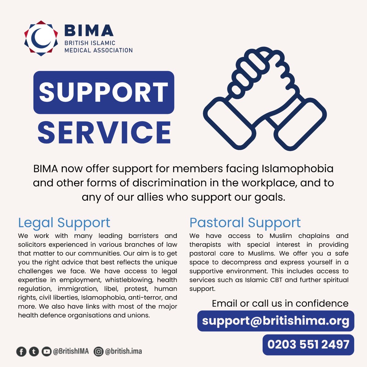 💪 BIMA Support Service ❤️‍ If you are facing investigations/threats at work relating to your Muslim identity or supporting causes such as Palestine & standing up against Islamophobia, we can help. Email in confidence: support@britishima.org Or call: 0203 551 2497