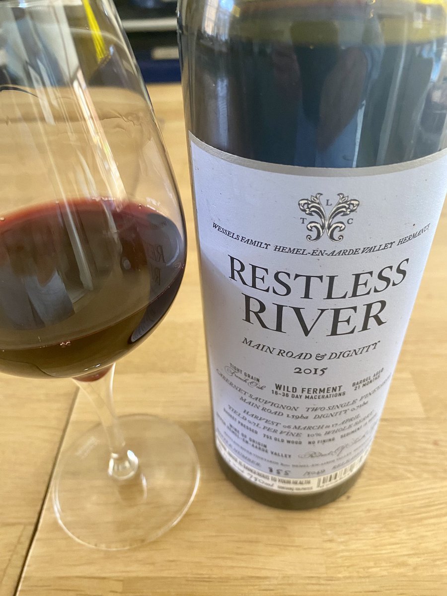 Not as extracted or as dark as most South African Cabernets - the dusk ahead of the night, as it were. Cool, humid air over warm earth. Plenty of cassis. Really quite special @restlessriverRR