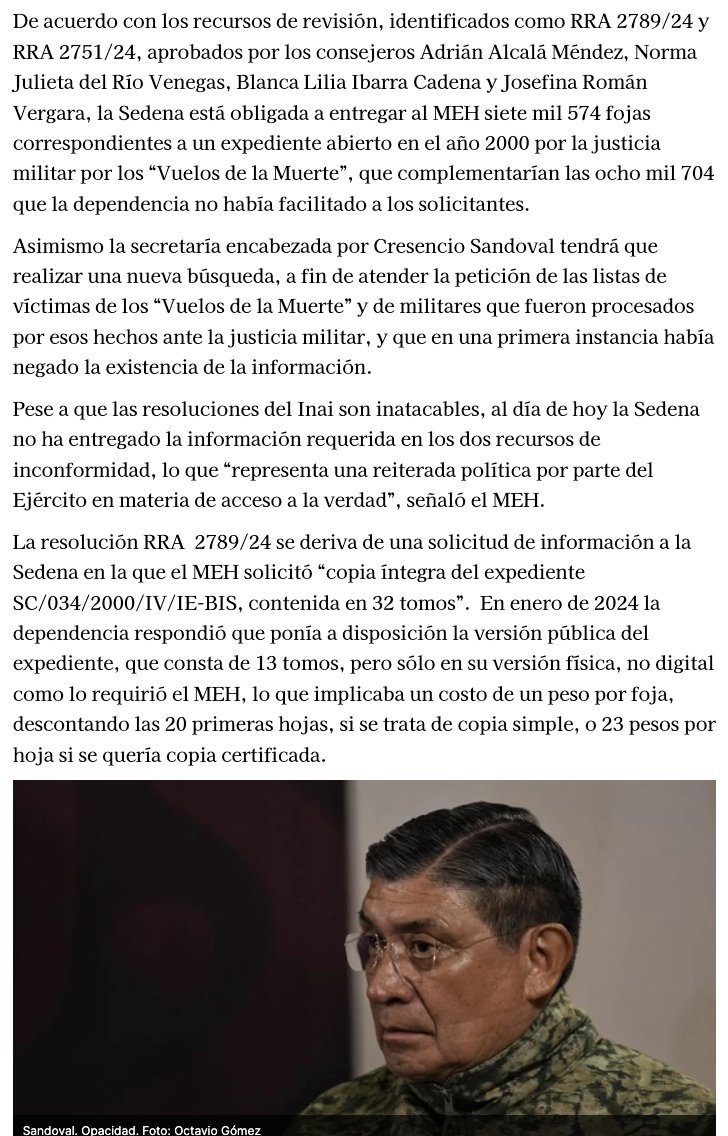 Pese a que las resoluciones del @INAImexico son inatacables, al día de hoy la @SEDENAmx no ha entregado la información requerida lo que “representa una reiterada política por parte del Ejército en materia de acceso a la verdad”. Vía: @proceso 👉acortar.link/VFu5Kg